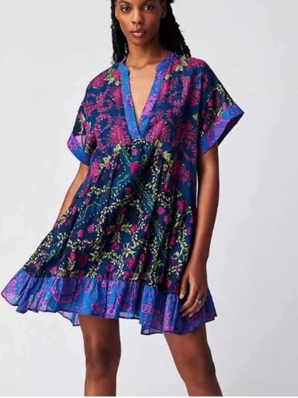 Free People Agnes Floral V-Neck
Tiered Mini Dress in blue